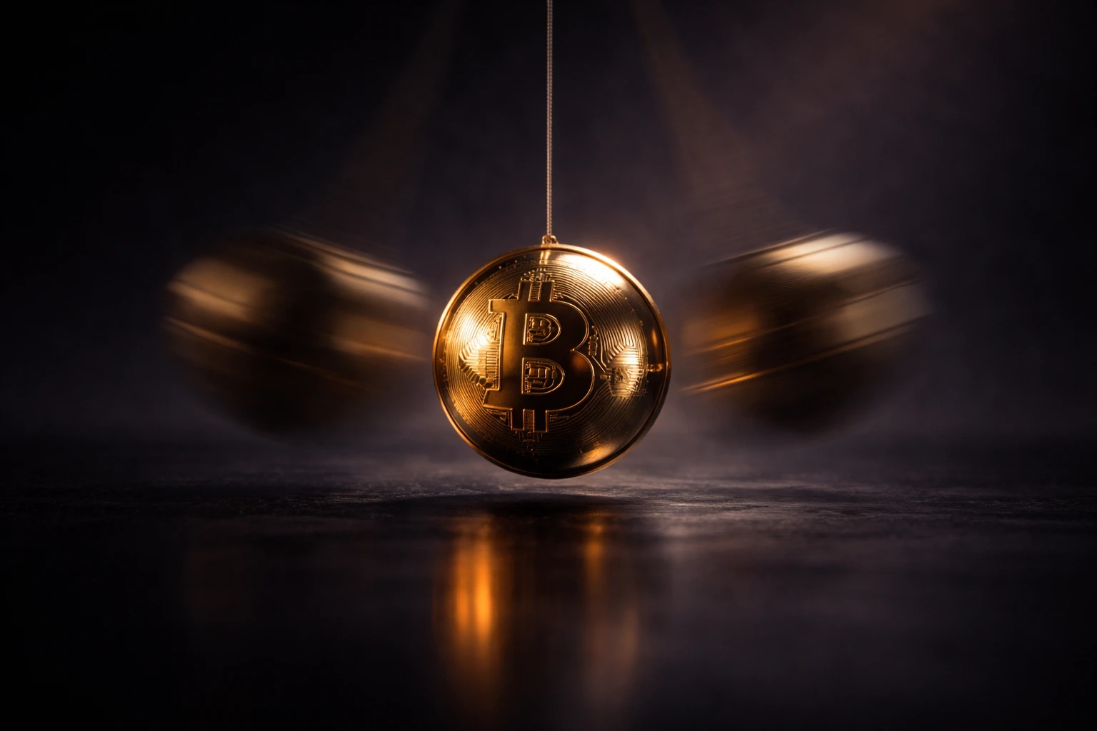 Bitcoin coin swinging like a pendulum, symbolising market volatility and shifting price momentum in crypto markets