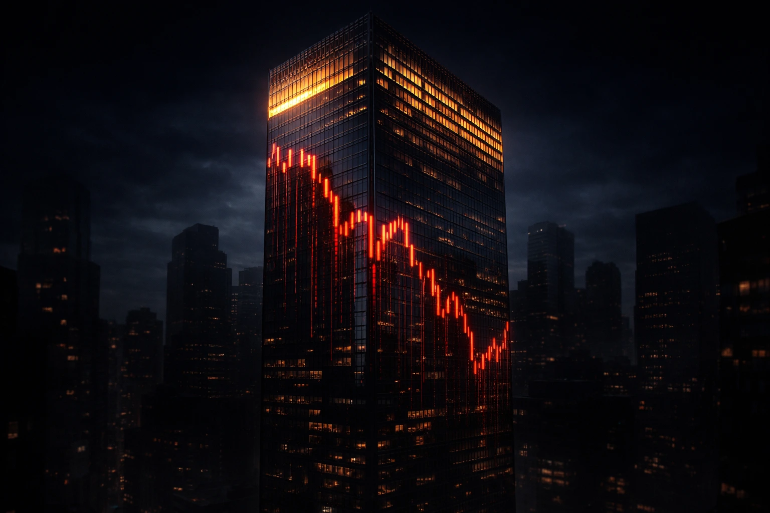 Digital stock chart trending downward on office tower, reflecting market volatility and recession concerns