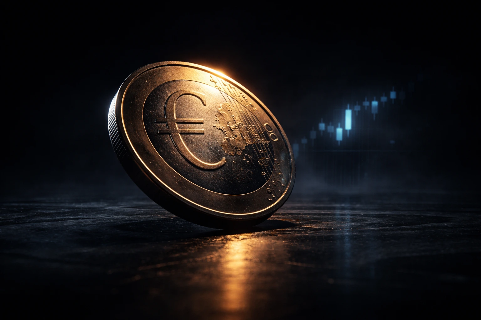Euro coin in low light with candlestick chart illustrating EUR/USD volatility and market trends