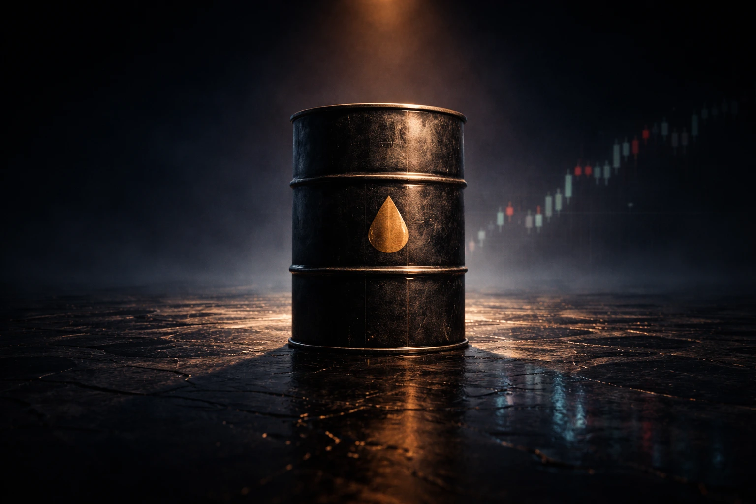 Oil barrel under spotlight with price chart in background, symbolising oil market volatility and supply uncertainty