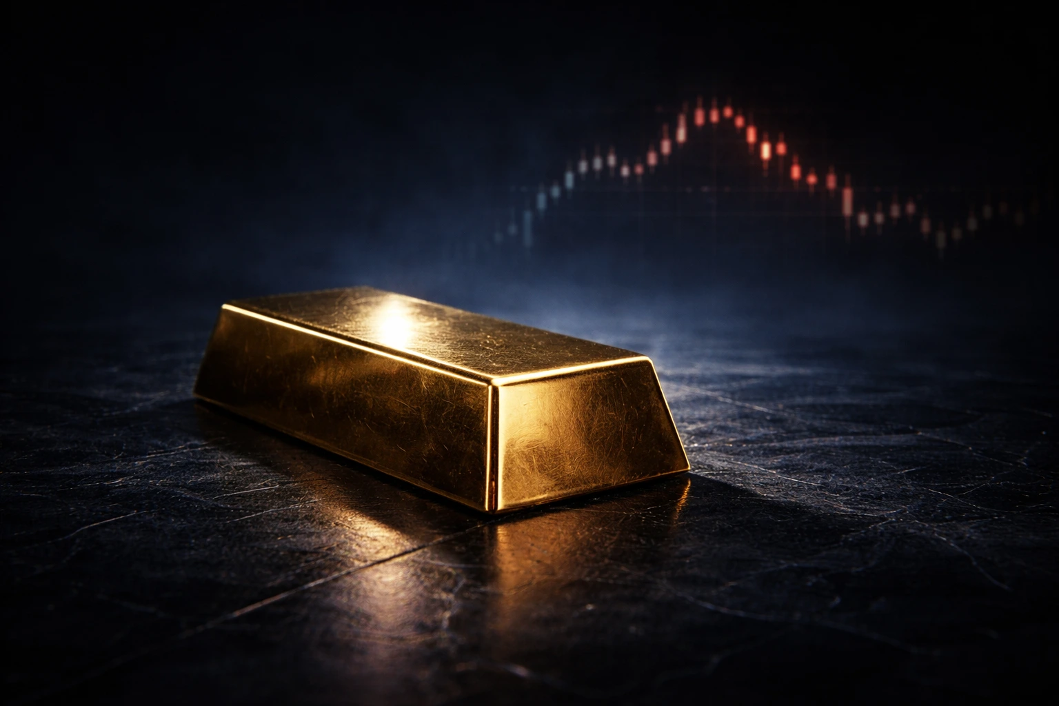 Gold bar with price chart in background showing market volatility and upward trend driven by oil prices and rate expectations