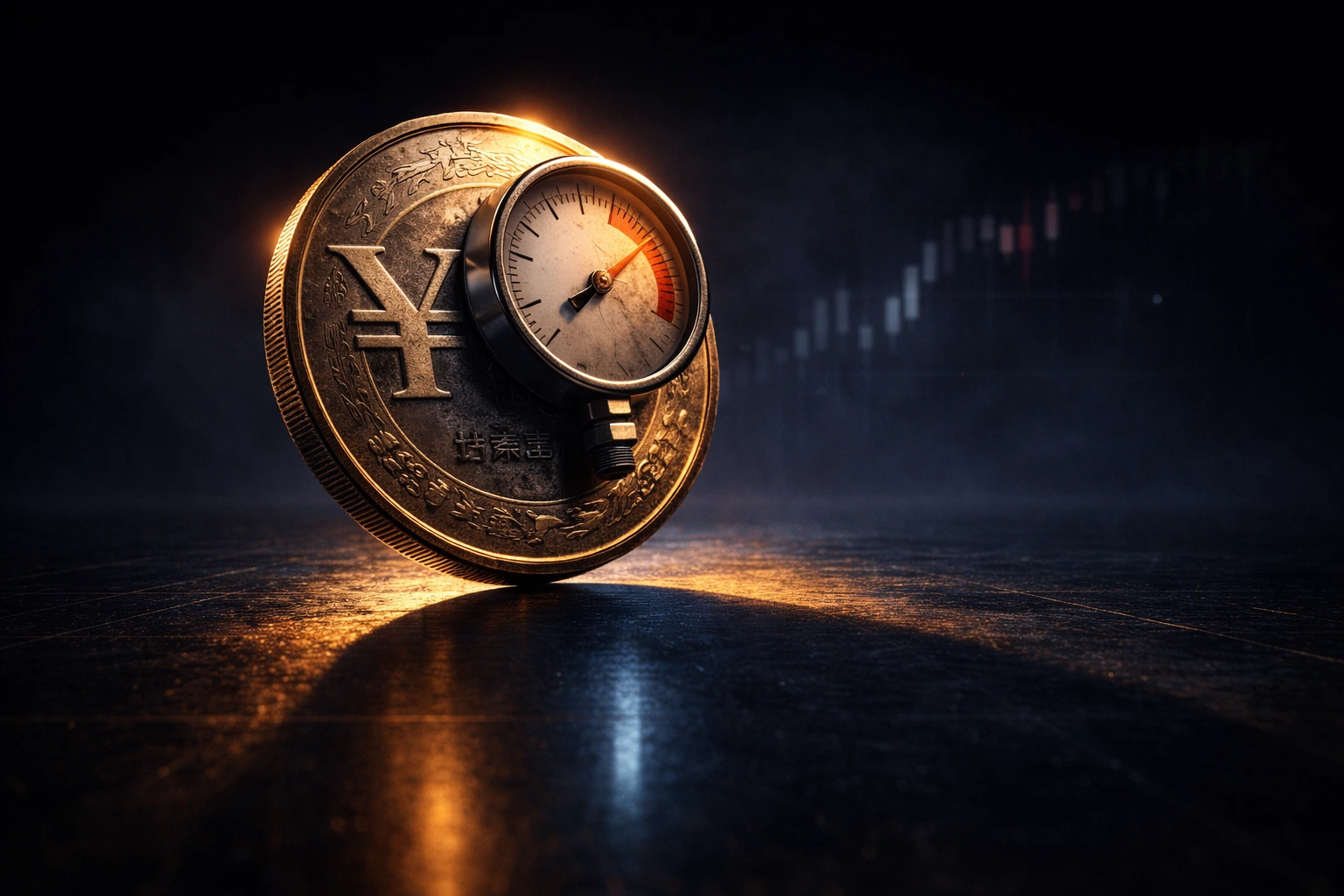 Yen coin with gauge and rising chart showing USD/JPY pressure driven by oil prices, inflation and Bank of Japan policy outlook