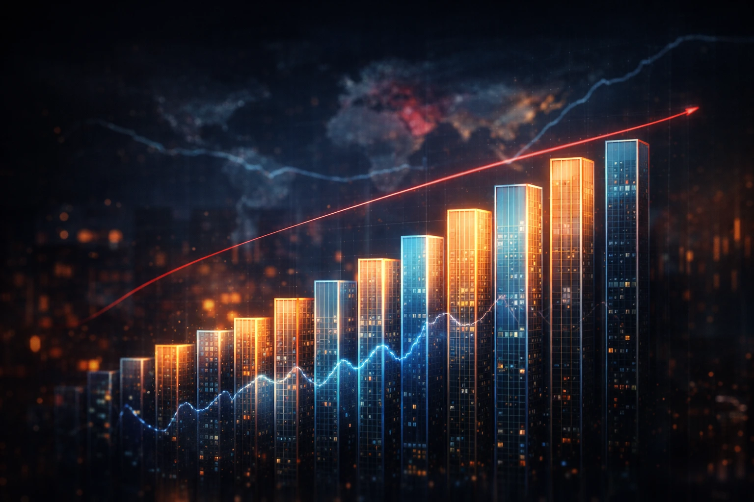 Rising stock chart over illuminated skyscrapers with upward and downward trend lines showing earnings growth and market pressure