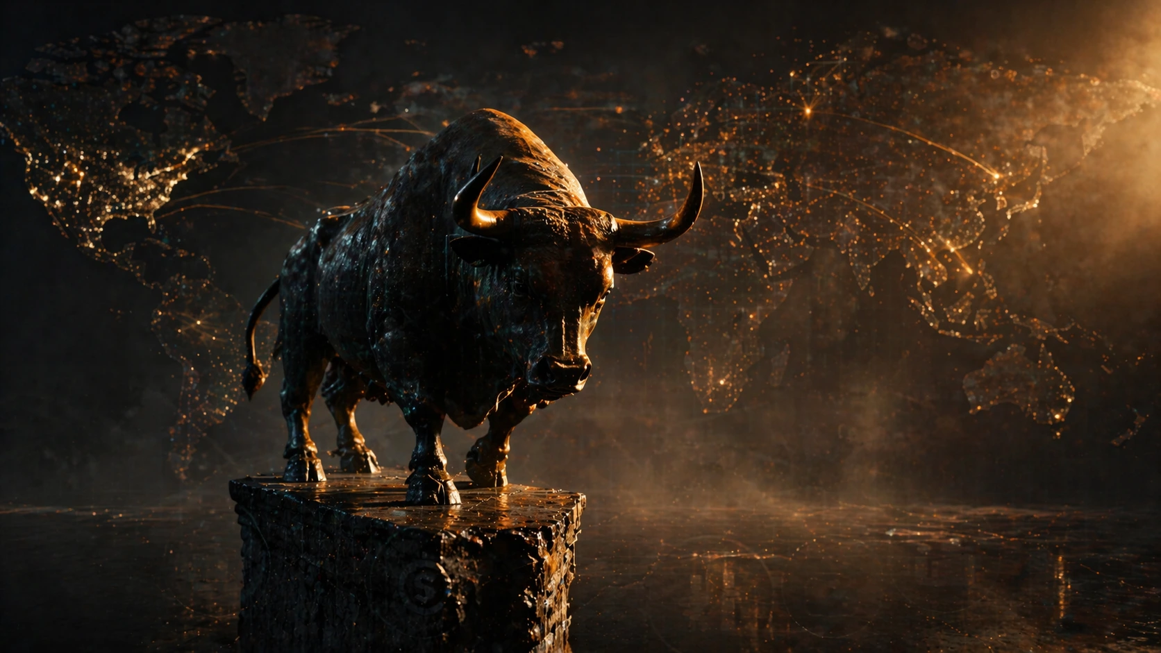 Bull market symbol against global network map highlighting S&P 500 rally and concentrated market gains