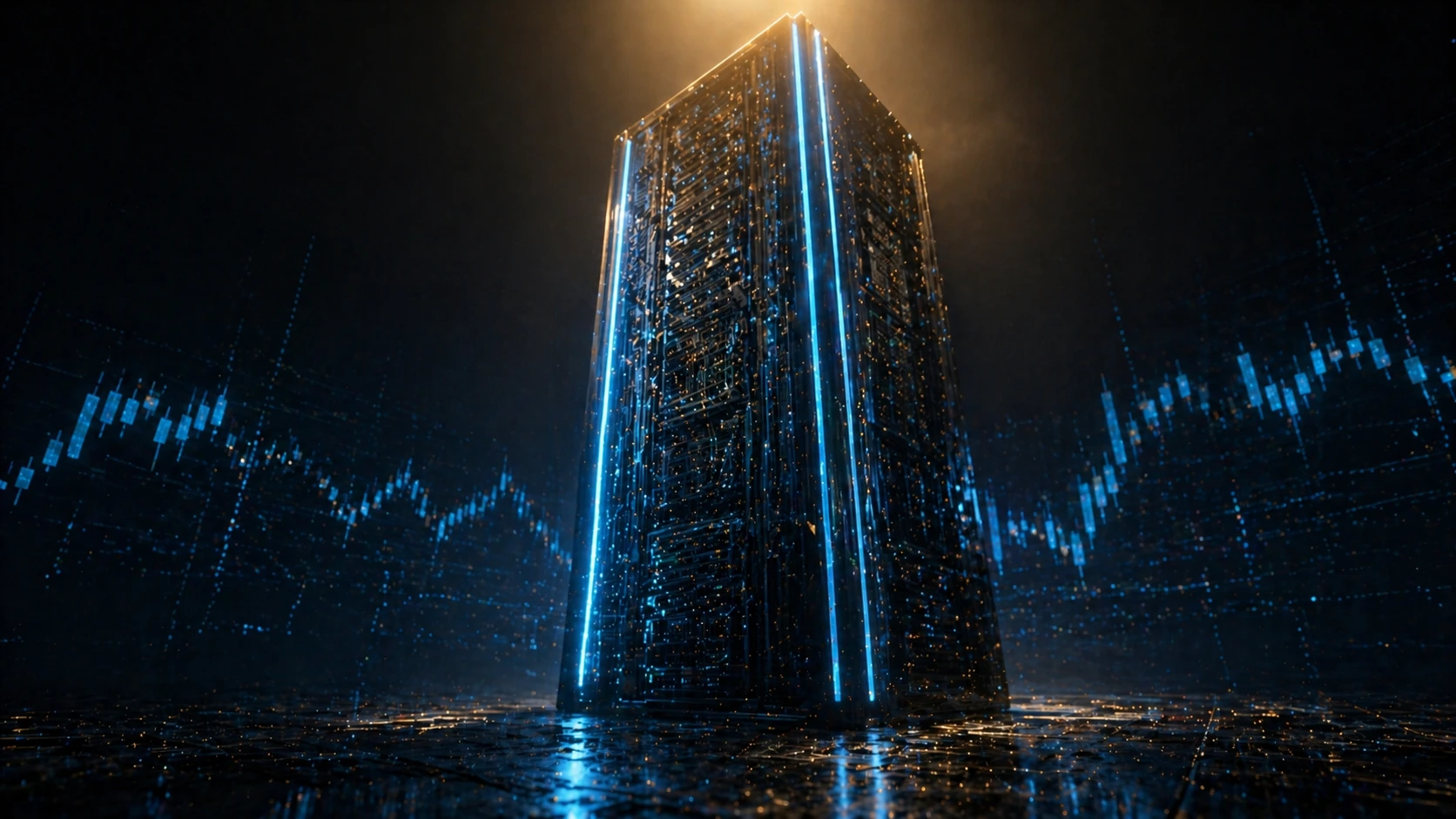 Futuristic data centre tower with glowing circuitry and stock market charts, representing AI infrastructure and Nasdaq tech trading dynamics