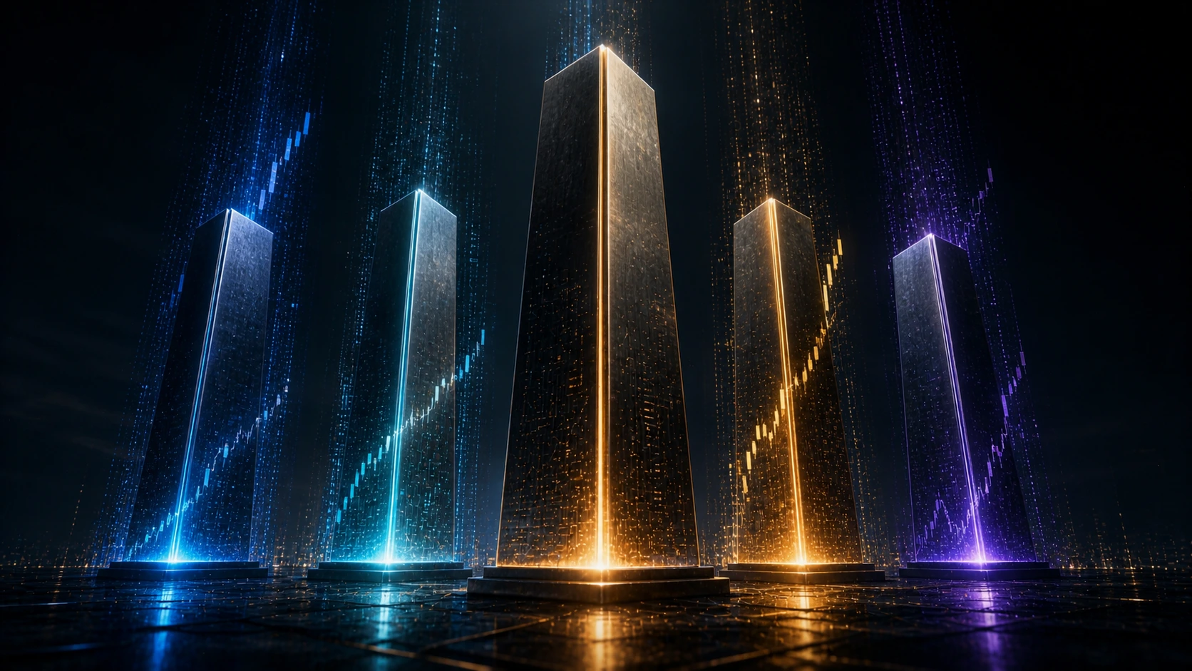 Digital pillars representing mega-cap tech stocks driving market gains, with rising data streams and upward price movement visualisation