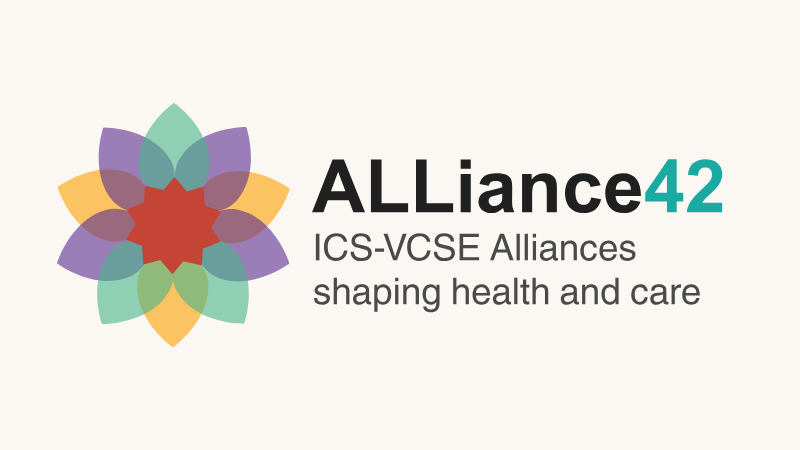 The logo of the ALLiance42, with a colourful flower mandala symbol and tagline 'ICS-VCSE Alliances shaping health and care'.