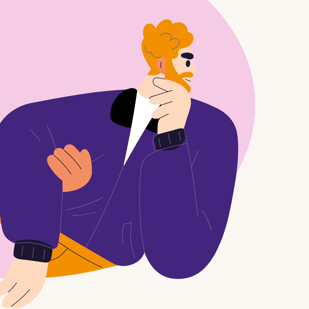 An illustration of man holding his chin and looking questioningly to the right hand side of the image, with a pink background.