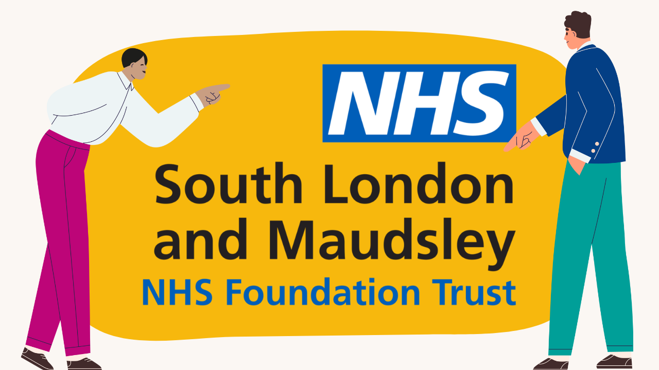 An illustration of two people pointing to the South London and Maudsley NHS Foundation Trust logo on a yellow background, suggesting collaborative working to achieve a goal. 