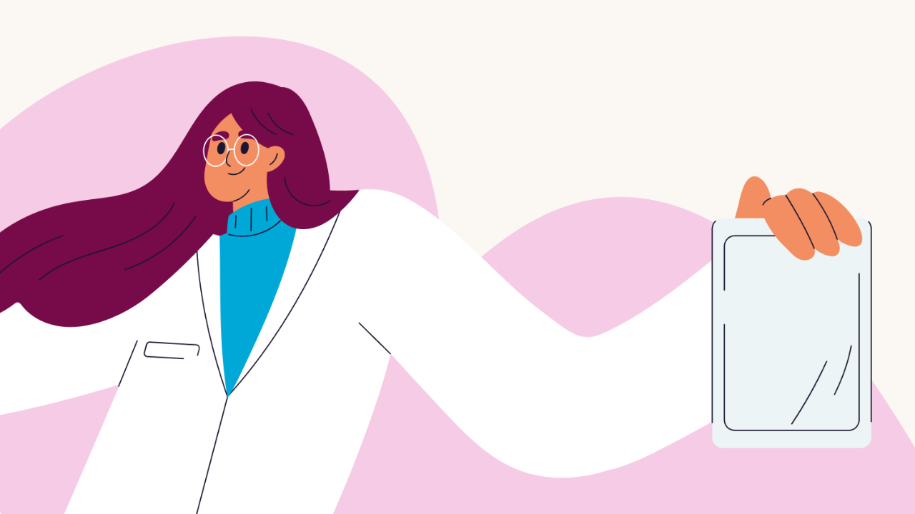 An illustrated character in a white laboratory coat holding up a tablet device with a smile. The image suggests friendly digital innovation and support. 