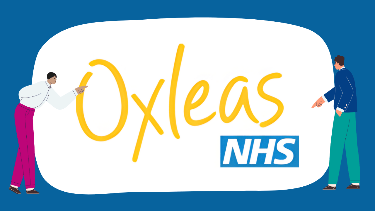 Two colourful illustrated characters pointing at the logo of Oxleas NHS Foundation Trust. The image suggests friendly discussion and collaboration. 