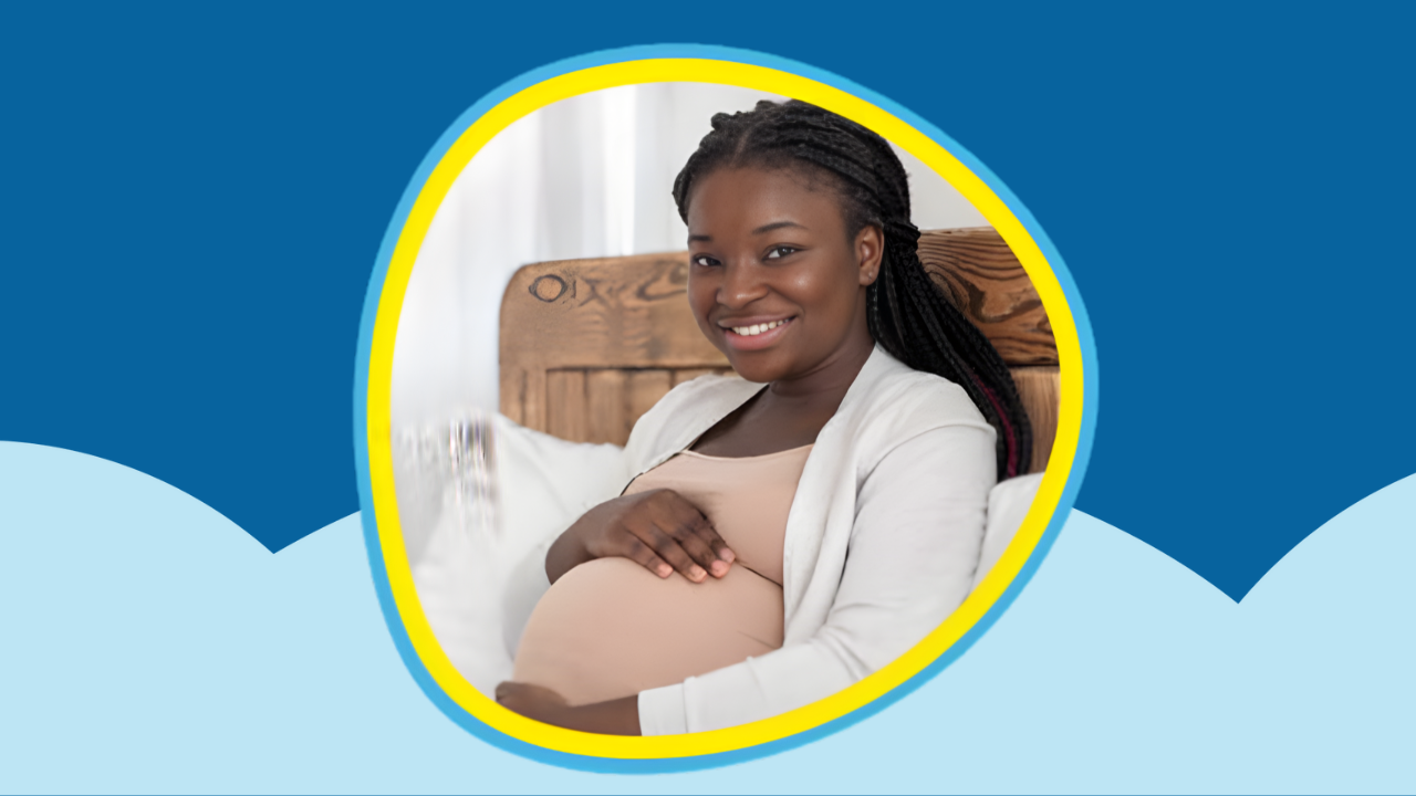 A pregnant black mother seated and holding her stomach and smiling to the camera. The image is framed by a white and ight blue circle, with light blue cloud shapes and dark blue as the background.