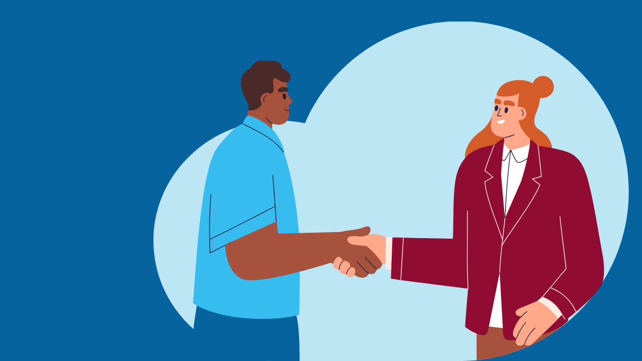 A colourful illustration of two characters shaking hands, framed in a light blue bubble against a darker blue background. The image suggests partnership.