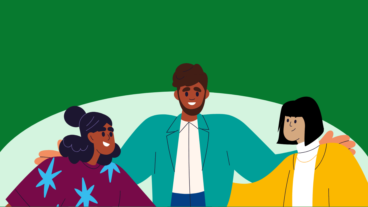 A colourful illustration of three characters across a dark green background. The central character has their arms around the other two, suggesting warmth and community.