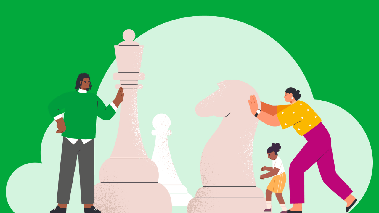Illustrated characters playing chess against a bright green background, suggesting collaborative and friendly play.