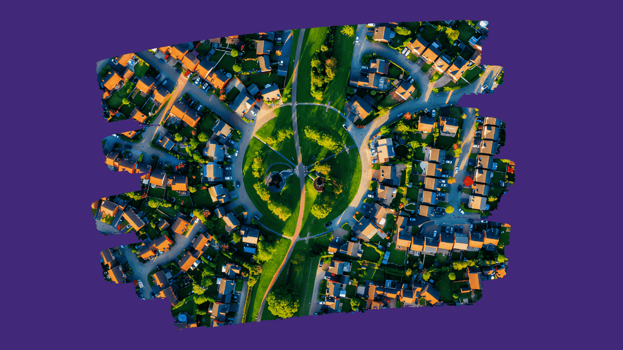 A birds-eye view of a real-life neighbourhood againt a purple background, with houses surrounding a shared green space in the centre.