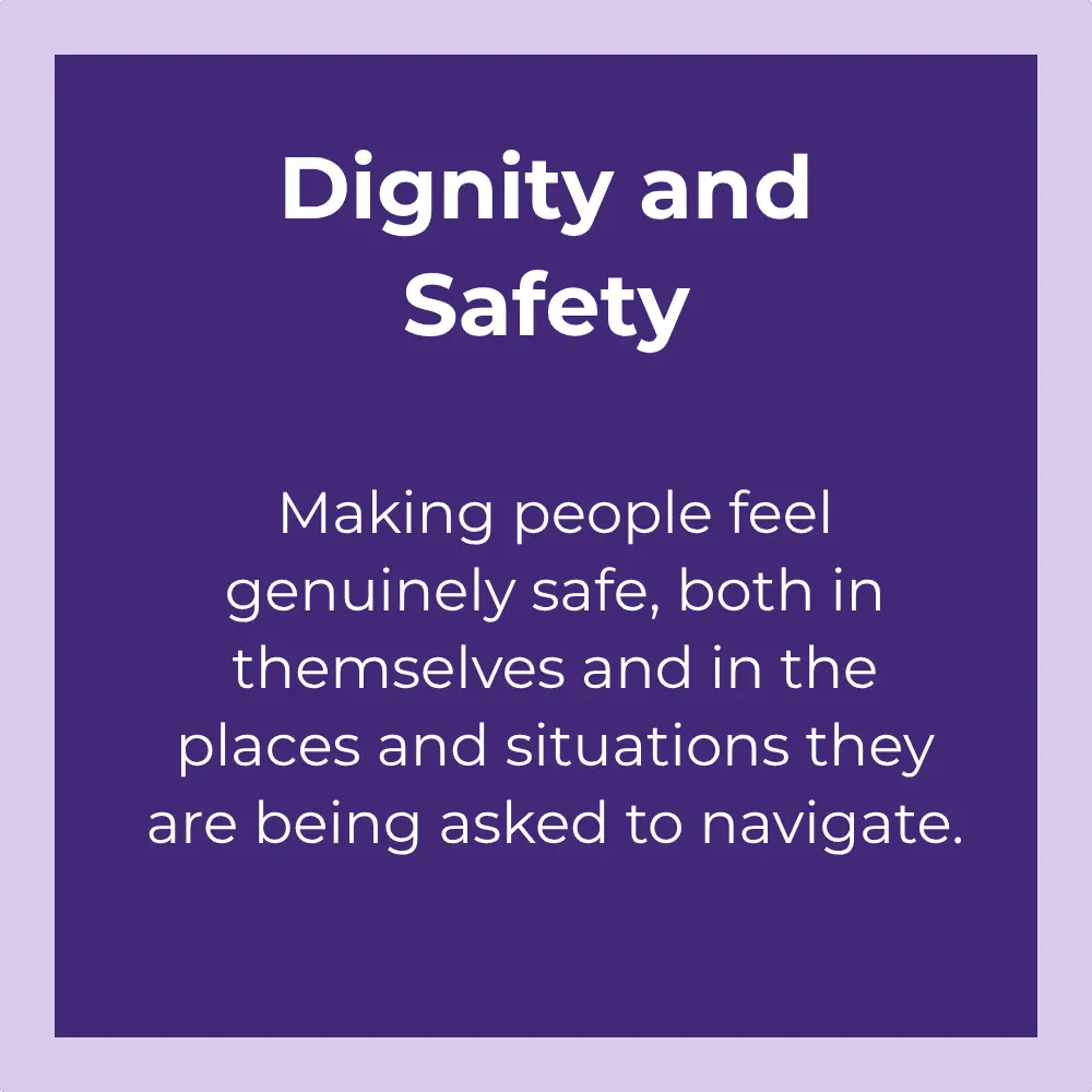 Dignity and safety: Making people feel genuinely safe, both in themselves and in the places and situations they are being asked to navigate.