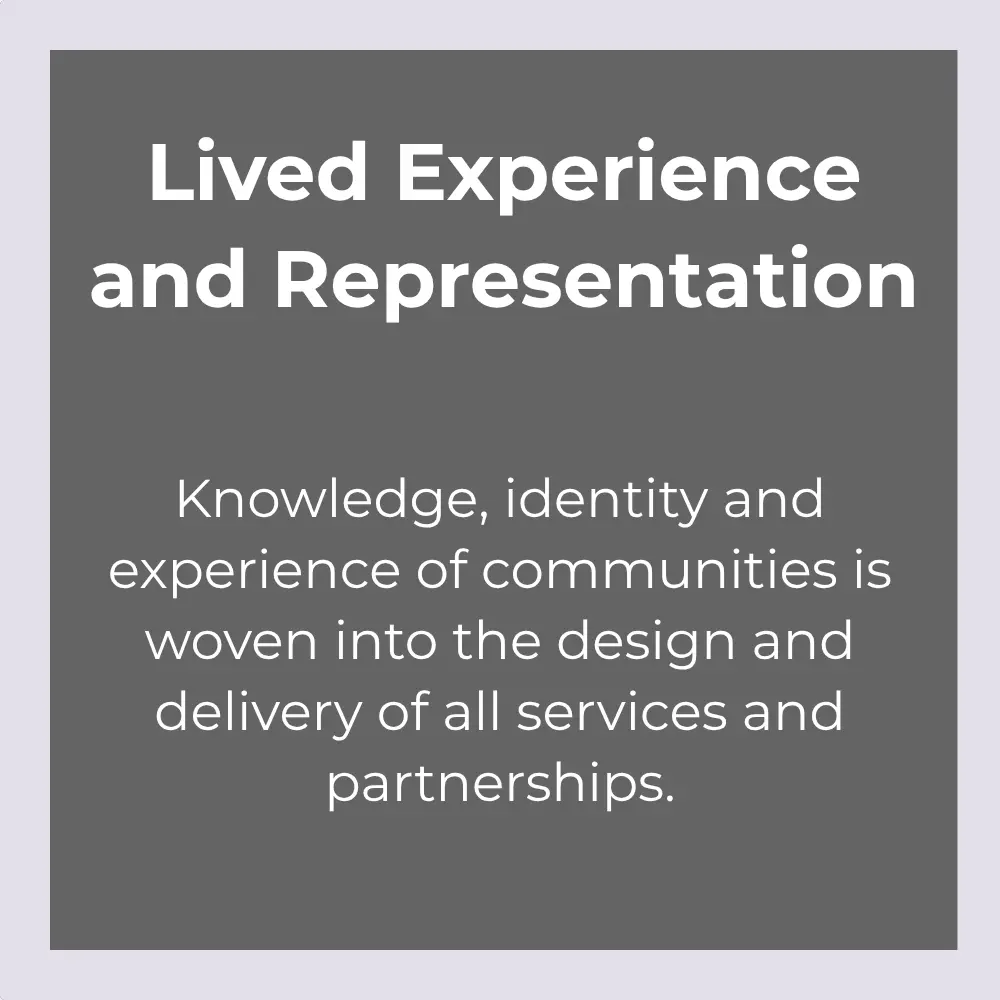 Lived experience and representation: Knowledge, identity and experience of communities is woven into the design and delivery of all services and partnerships.