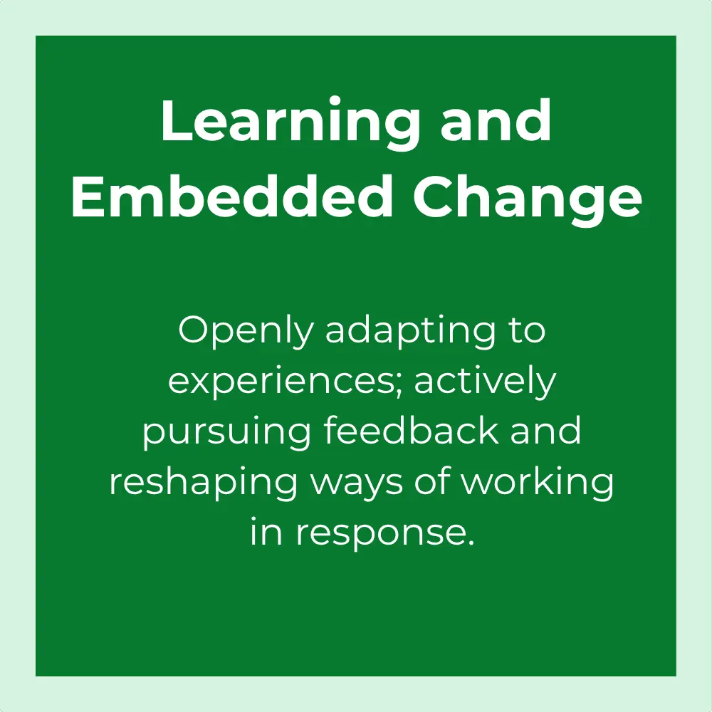 Learning and embedded change: Openly adapting to experiences; actively pursuing feedback and reshaping ways of working in response.