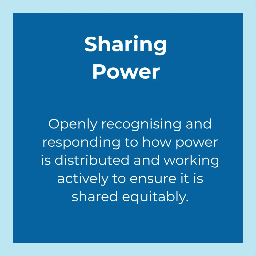 Sharing power: Openly recognising and responding to how power is distributed and working actively to ensure it is shared equitably.
