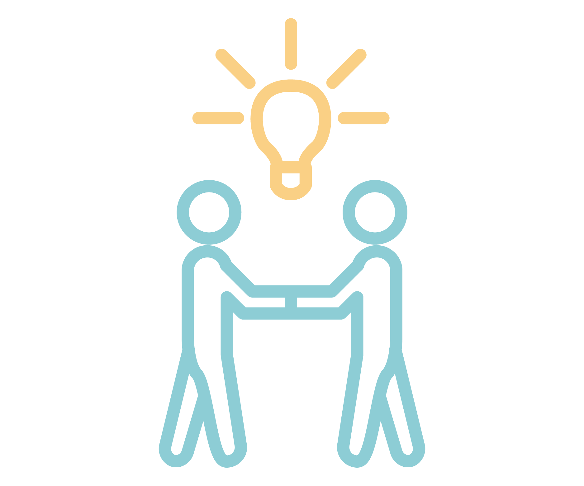 Icon of two people joining hands with a light bulb over head