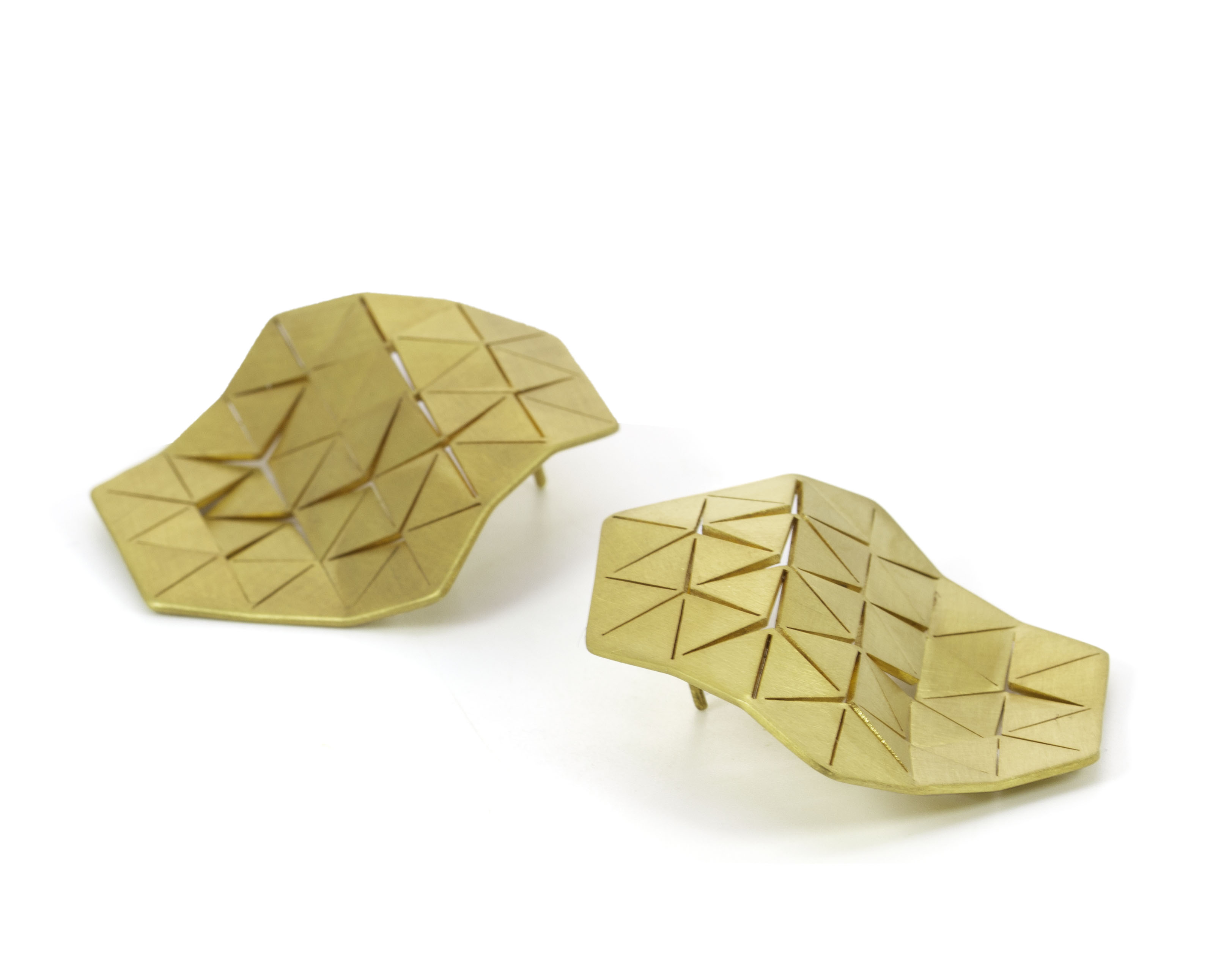 Large triangulate earrings, it consists of multiple small triangles that shape a pattern, gold plated brass, elegant statement piece