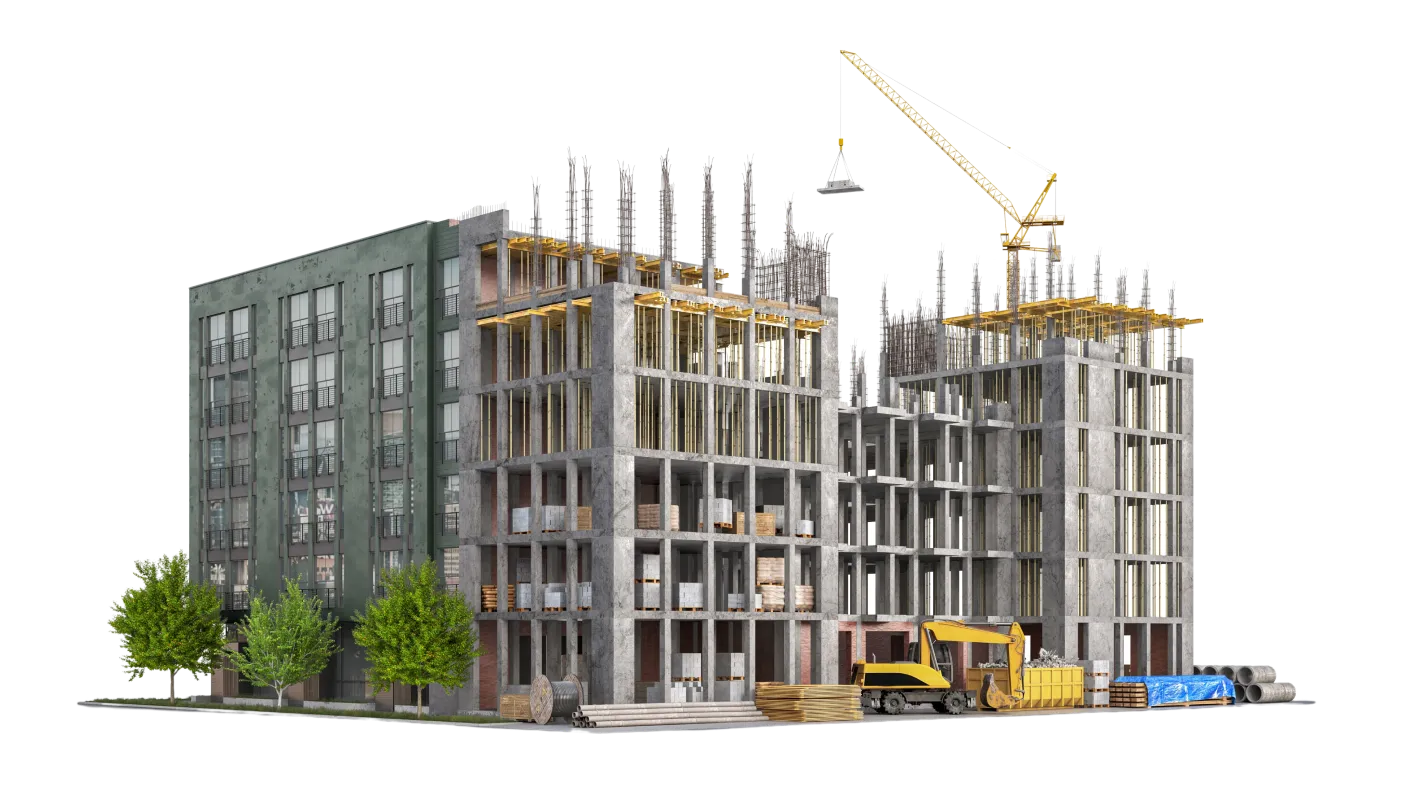 A large building with a crane on top of it.