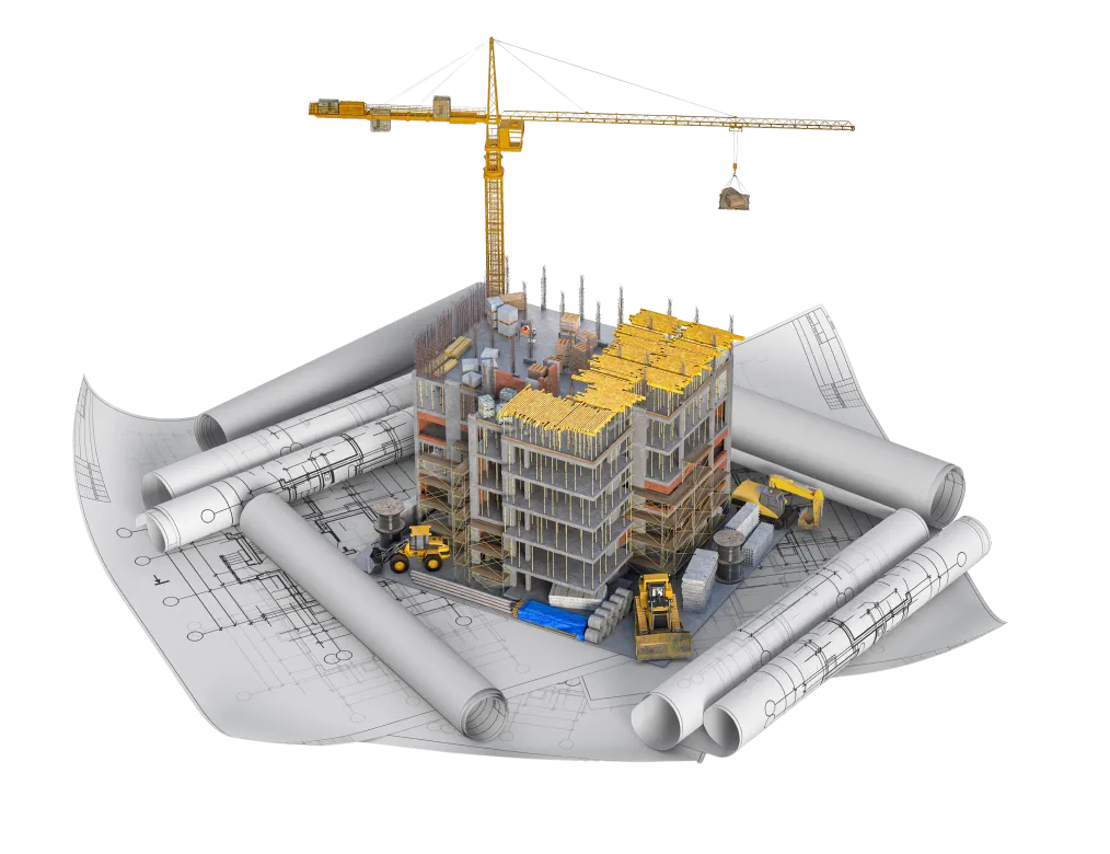 A construction site with a crane on top of it.