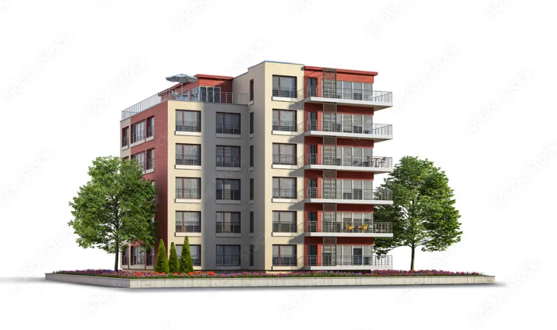 A three story apartment building with balconies and balconies.