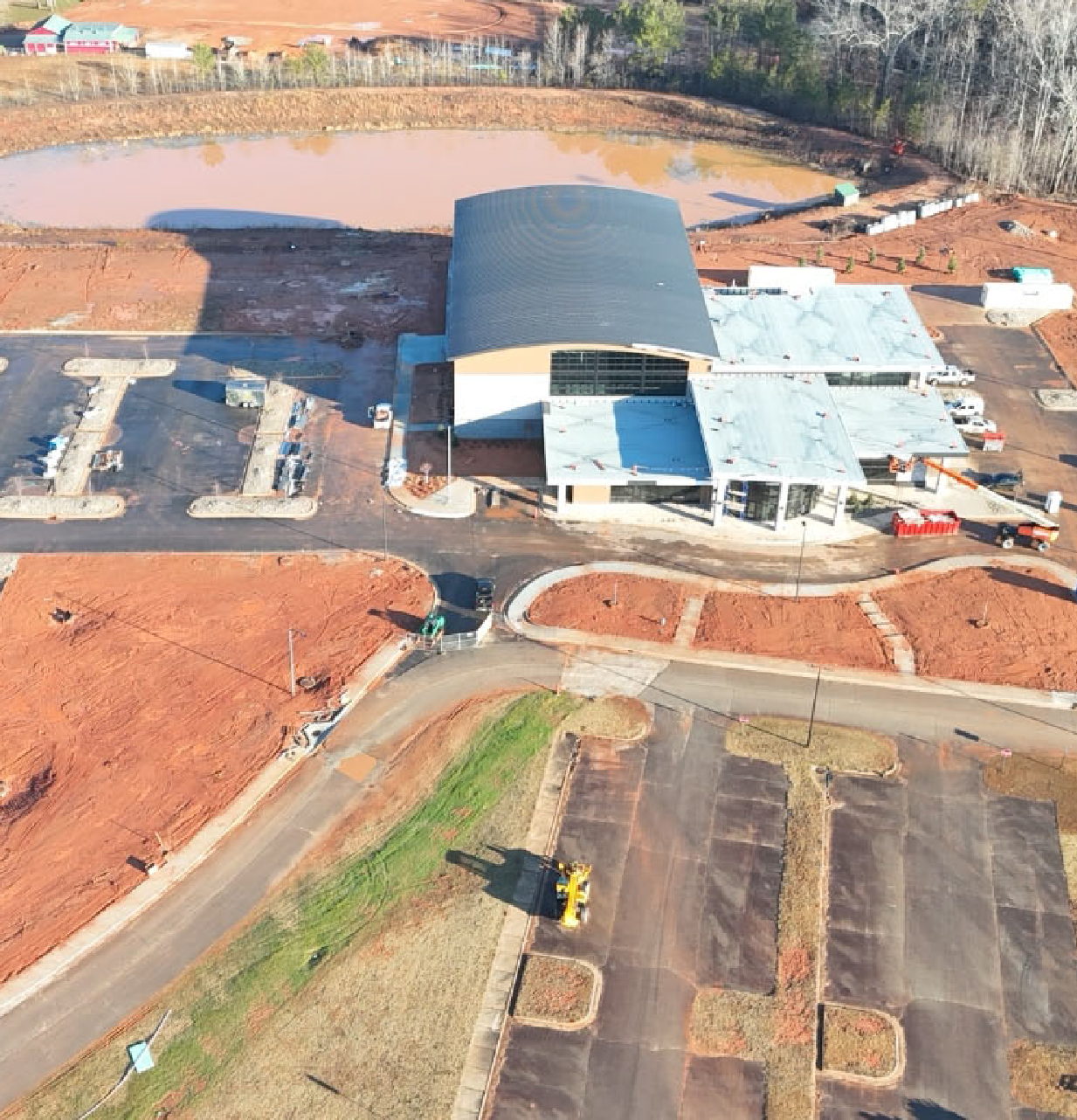 An aerial view of a building being built.