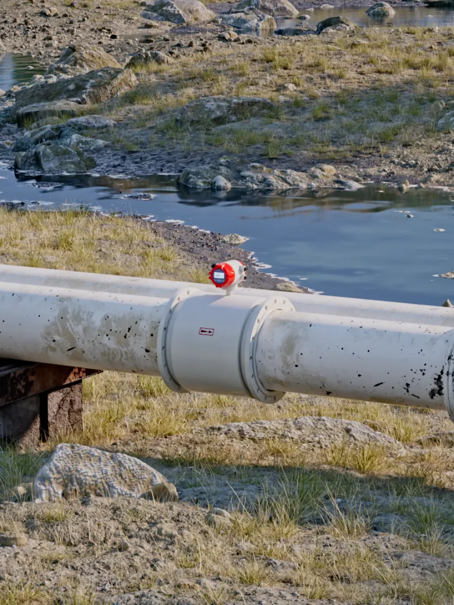 Supmea A100 electromagnetic flow meter installed on a large scale outdoor pipeline, demonstrating robust IP rated environmental protection for harsh water and wastewater applications.
