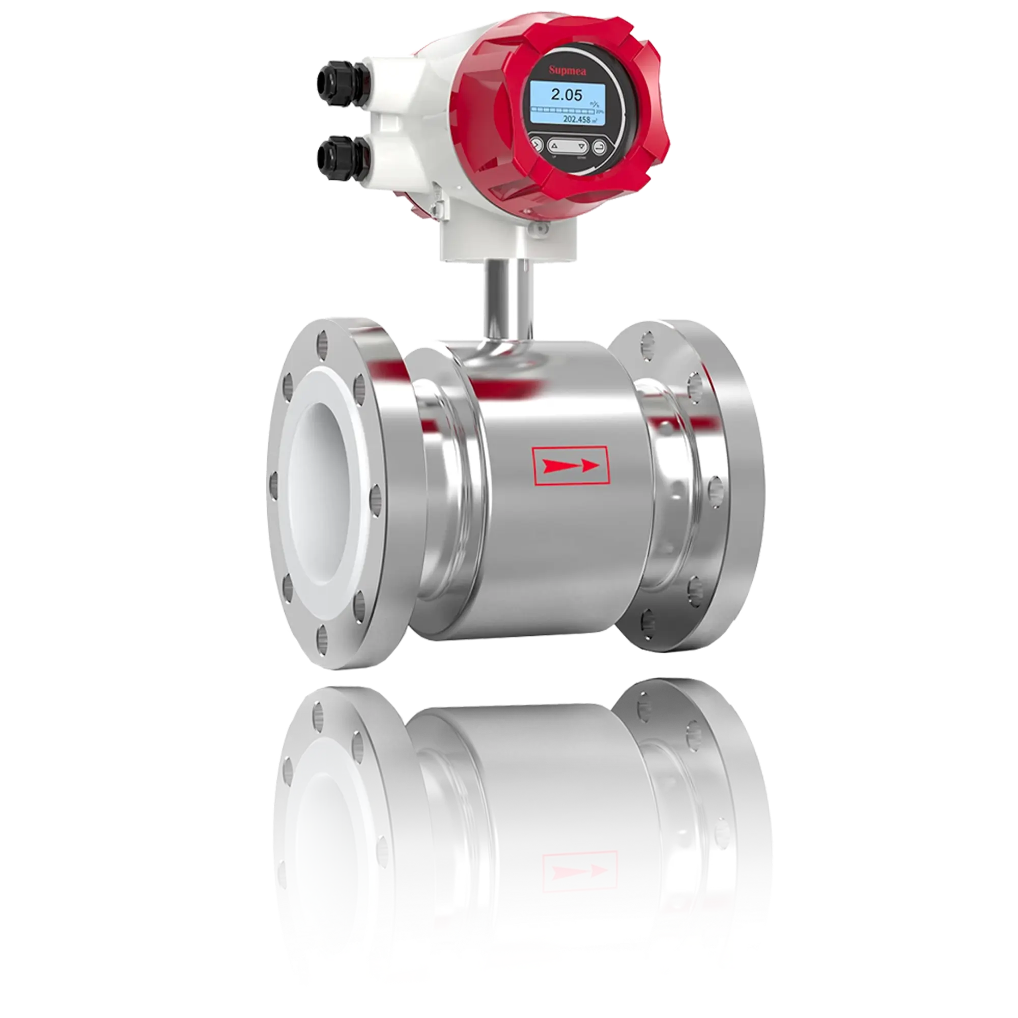 Supmea A100 electromagnetic flow meter featuring a stainless steel body and digital display, engineered for bespoke fluid measurement integration.
