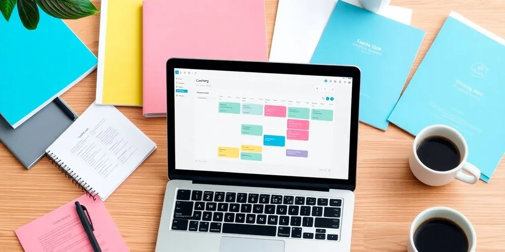A workspace with a laptop and coaching materials.