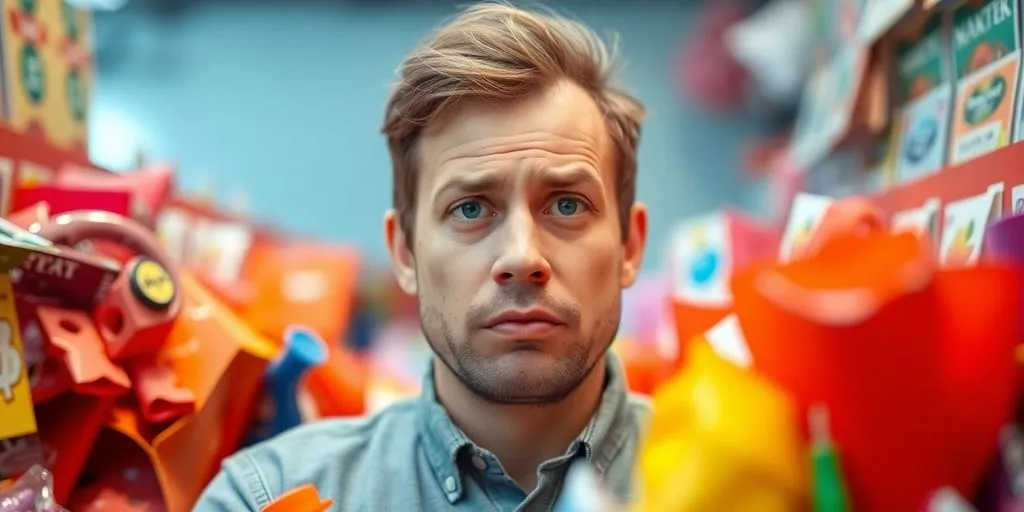 Confused person surrounded by multiple colourful choices.