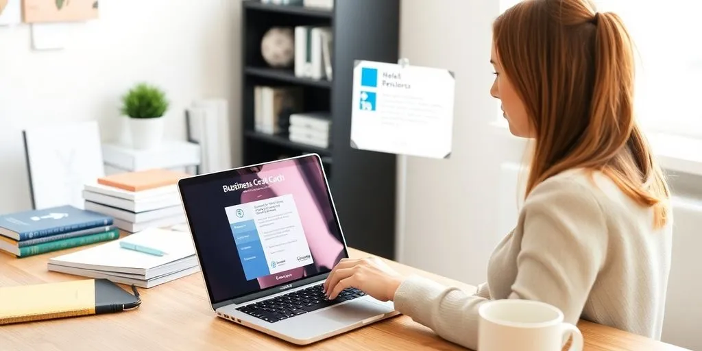 Business coach using laptop for email marketing in office.