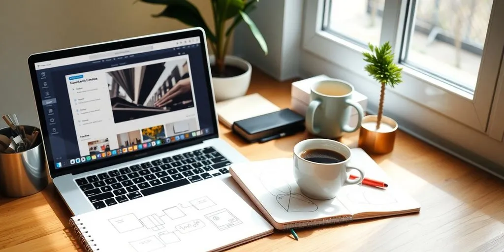 A bright workspace with laptop and notebook for creativity.