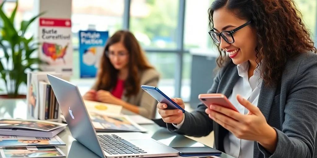 Marketing professional promoting offers with laptop and mobile.