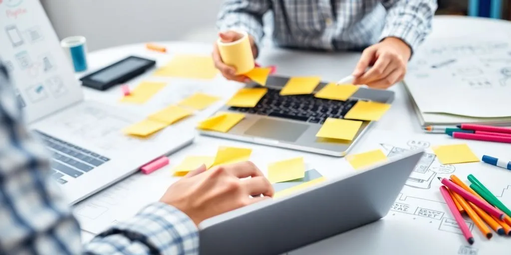 Person brainstorming with sticky notes and a laptop.