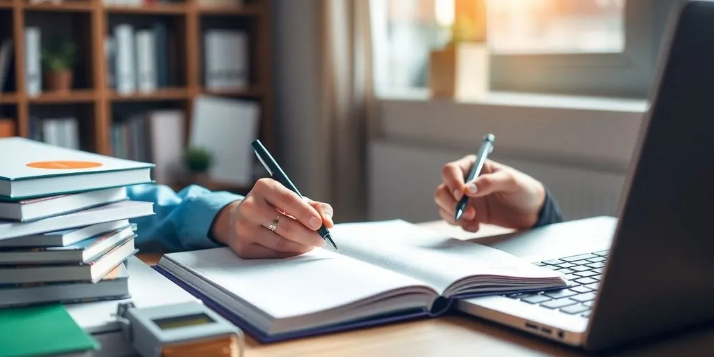 Business professional writing in a notebook with books.