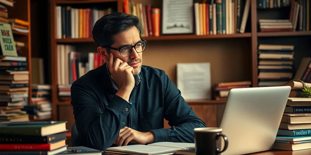 Author at desk with books and laptop, focused on writing.