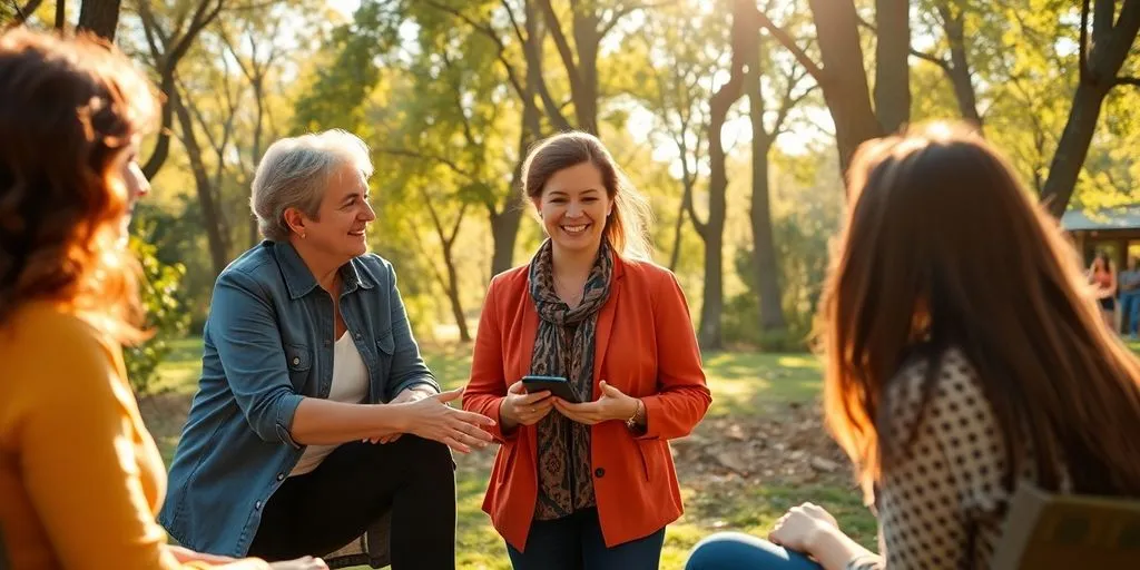 Coach and clients interacting outdoors in a sunny setting.