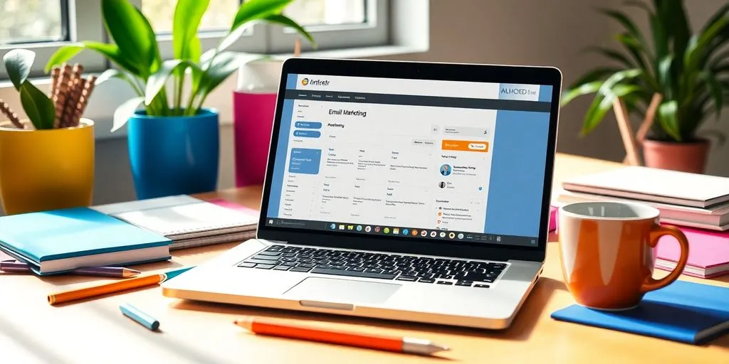 Laptop with email marketing dashboard in a bright workspace.