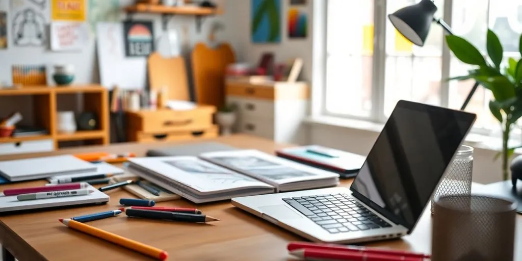 A bright creative workspace with tools and art supplies.