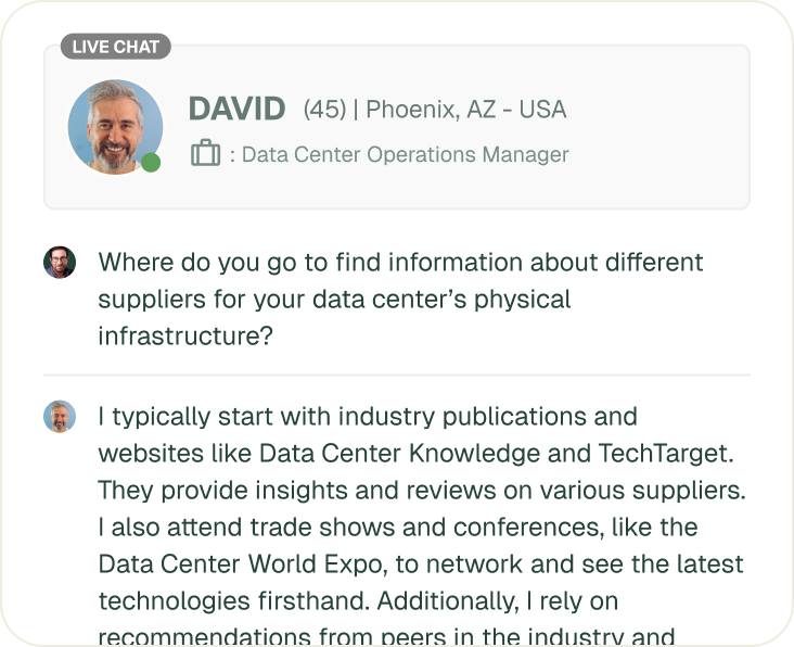 Example of a live chat interview where a client asks a synthetic customer a question and receives a detailed response.