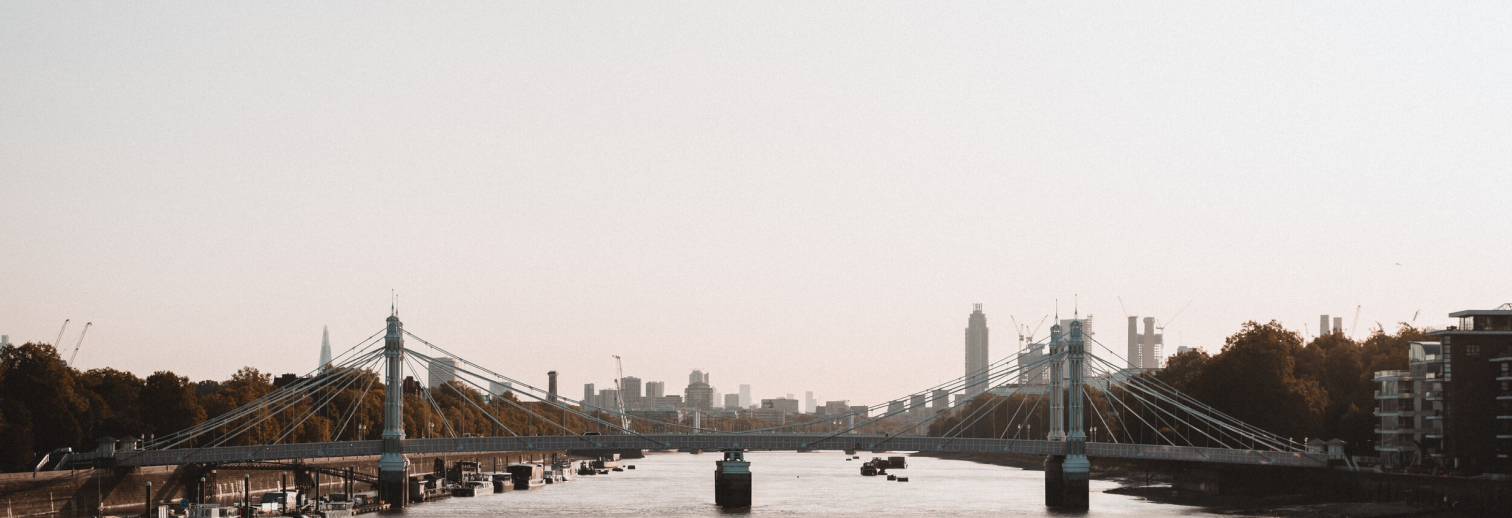  A bridge over a river with a city in the background.