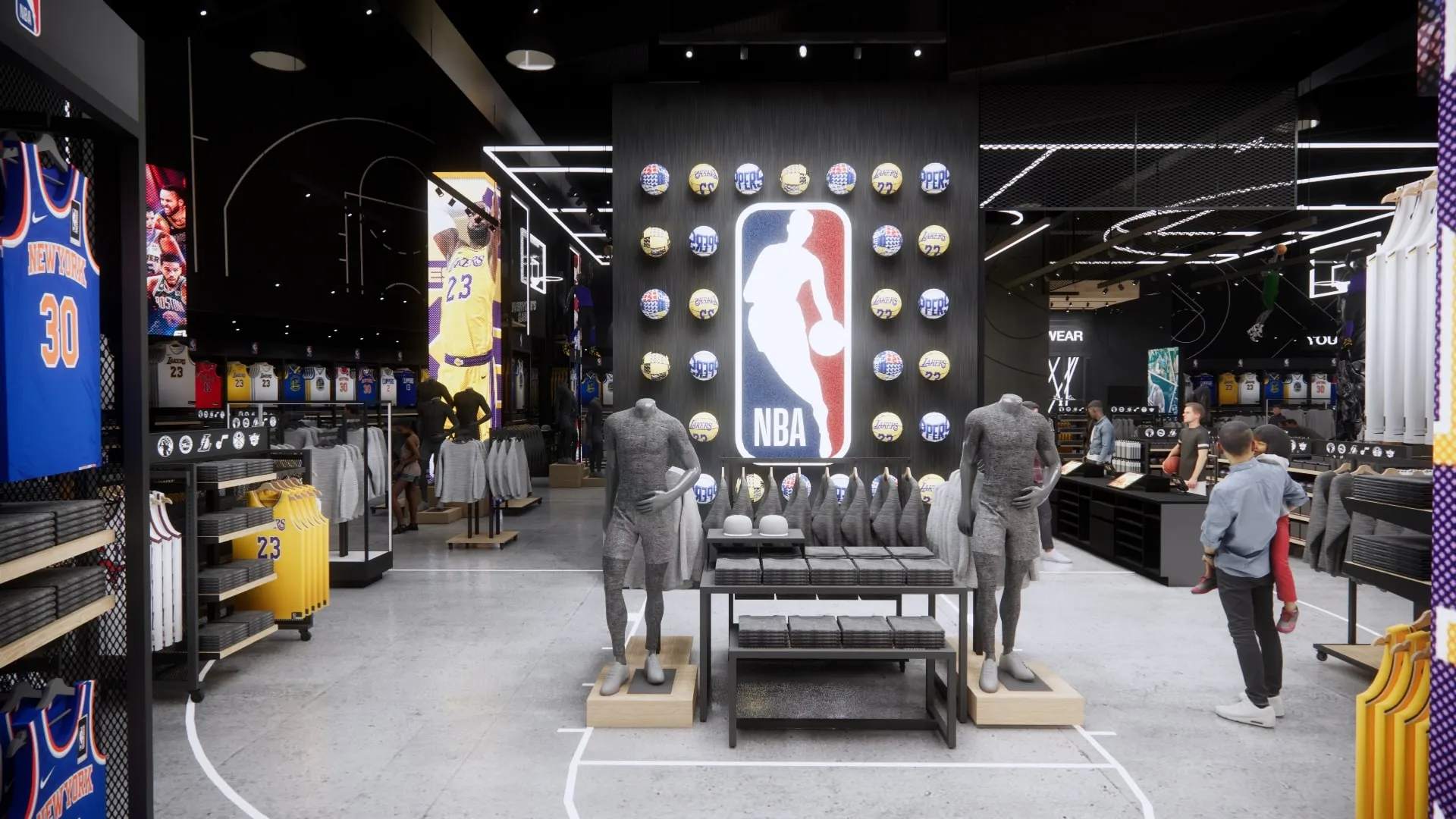 NBA retail store display with illuminated NBA logo, wall-mounted basketballs, apparel fixtures with mannequins, and team merchandise displays