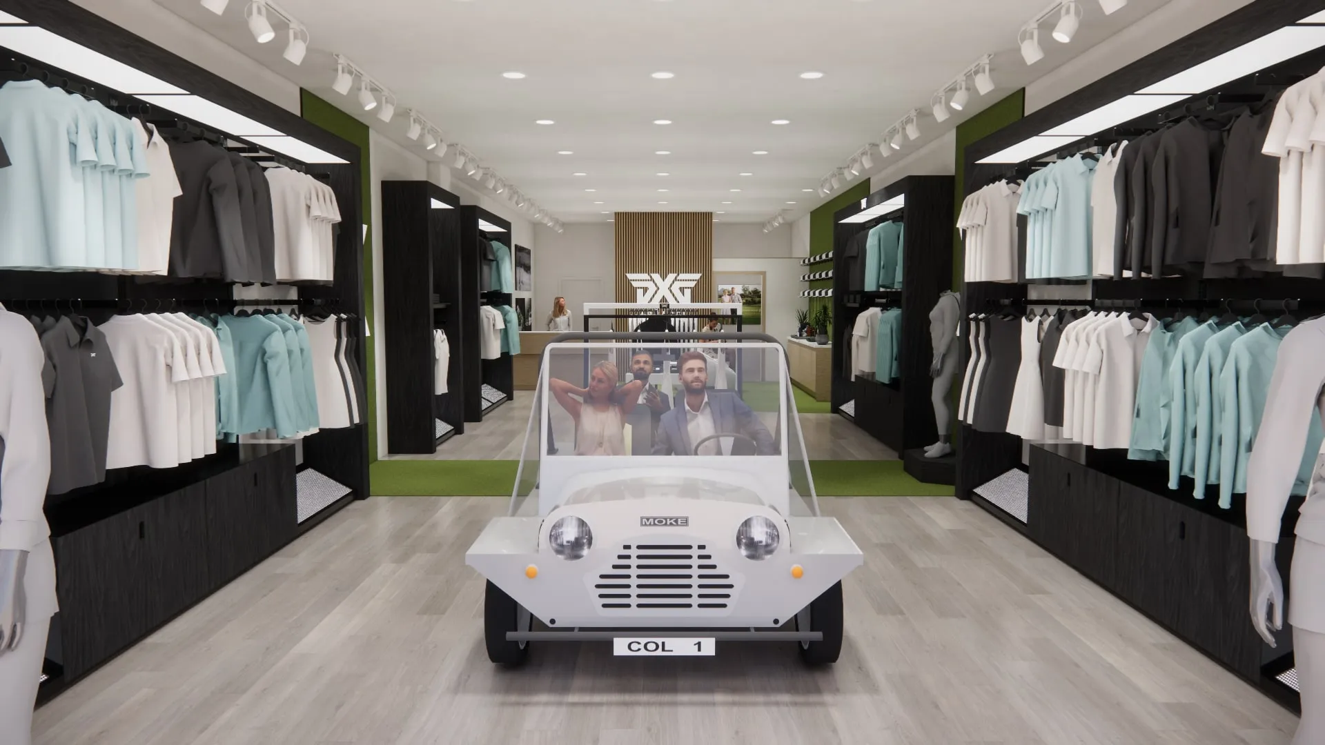 PXG Apparel Boutique retail display featuring white branded novelty vehicle with custom interior, alongside golf apparel merchandising and branded fixtures