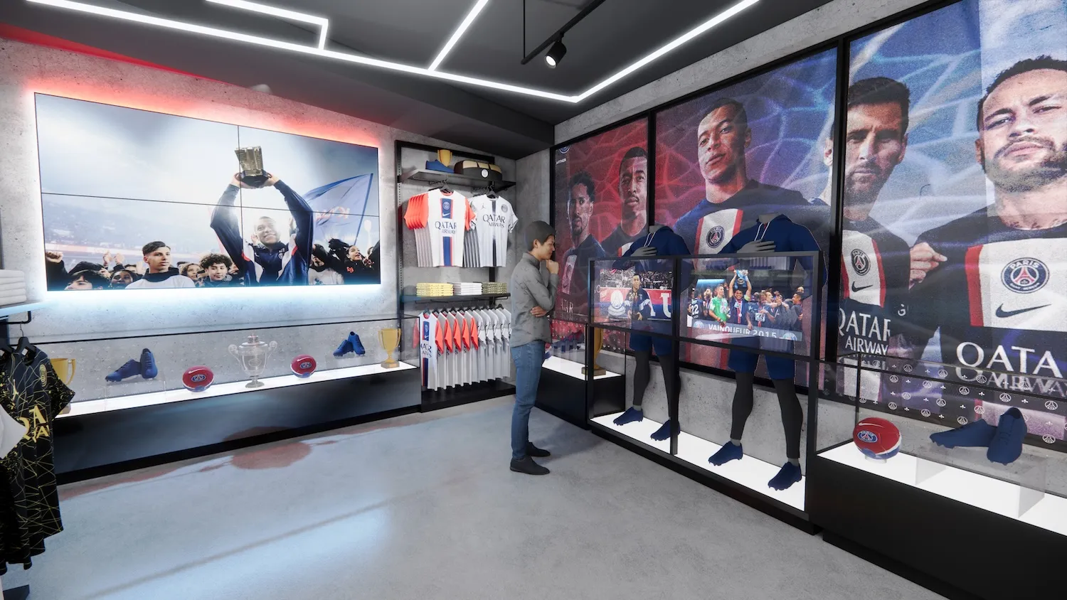 Paris Saint-Germain PSG retail store interior with dark walls, branded displays, apparel merchandising, and product showcasing
