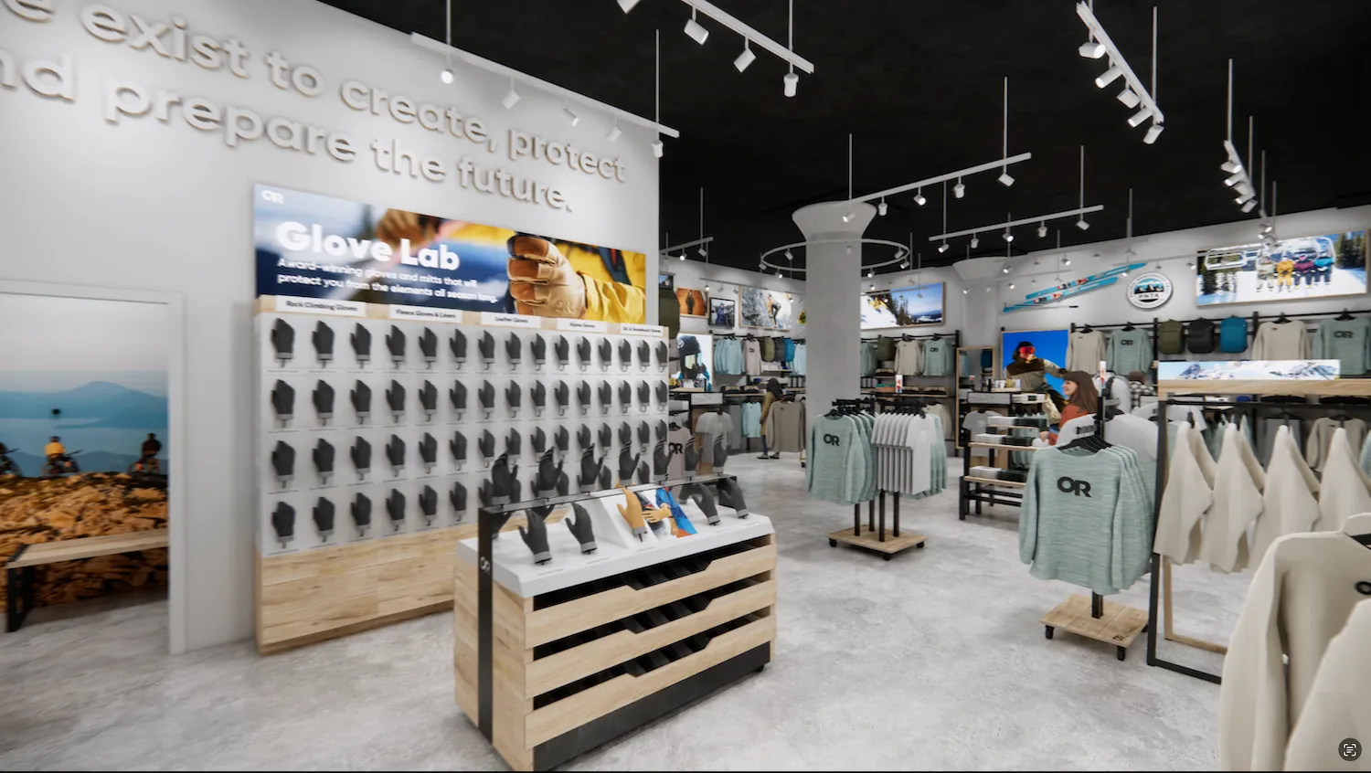 Outdoor Research retail store interior with wall-mounted product display system, wooden shelving fixtures, apparel racks, and branded signage