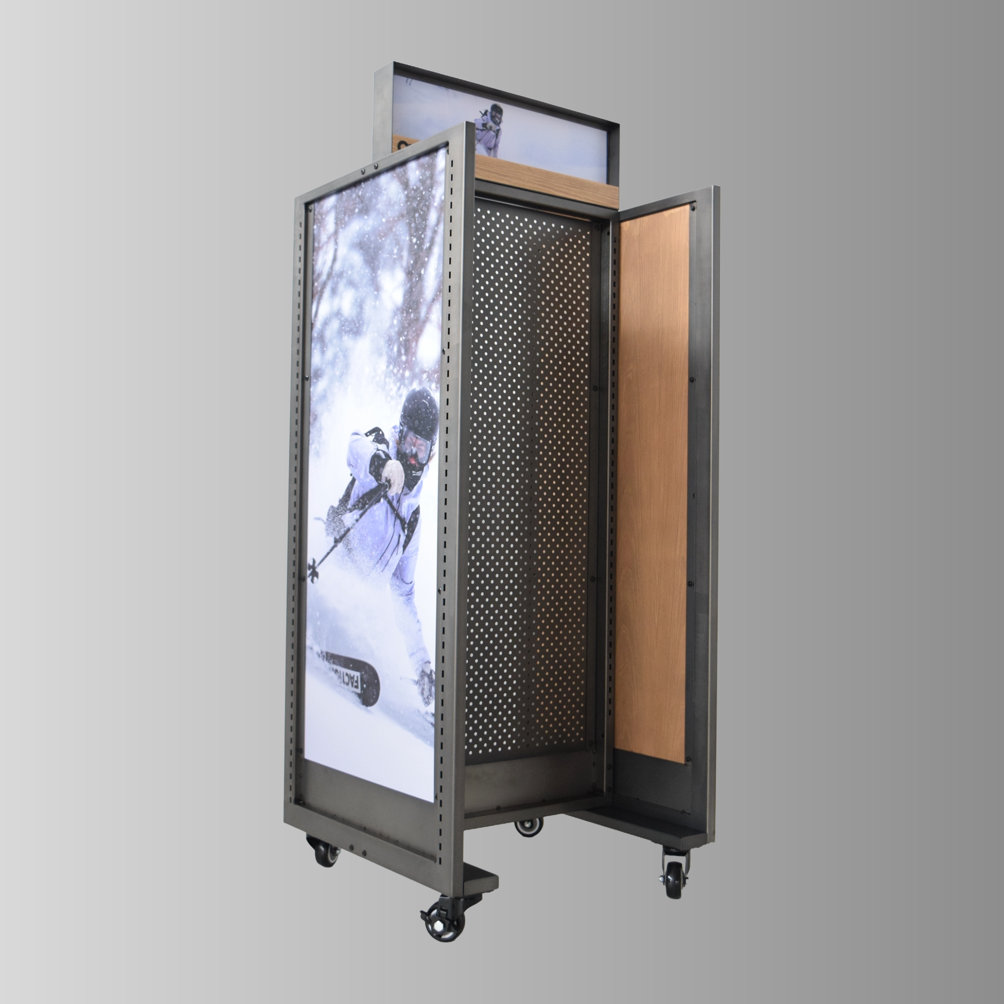 Outdoor Research Gondola mobile digital display unit with illuminated screen, mesh metal sides, and wheeled base